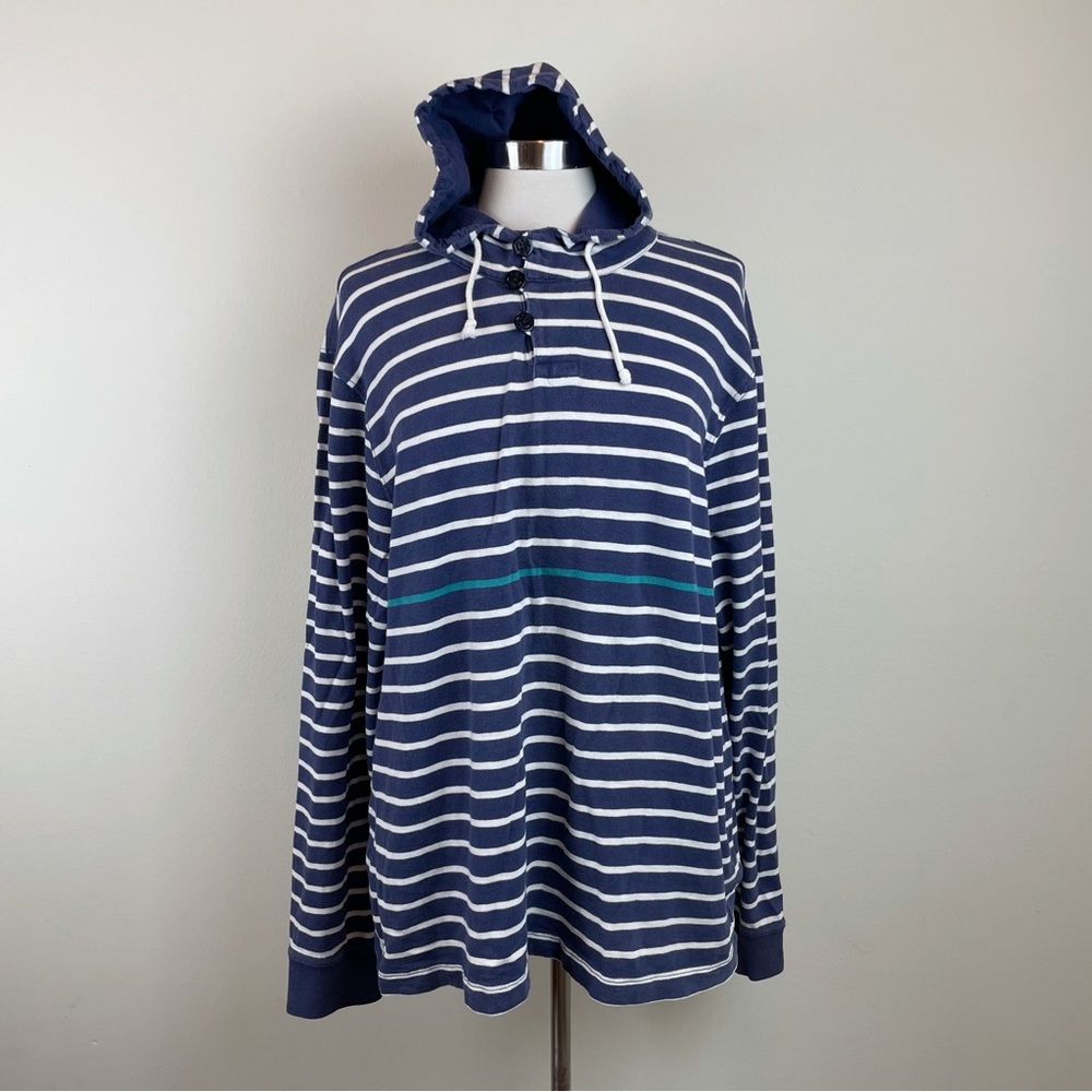 J. Crew Blue White Stripe Hooded Long Sleeve Shirt Men Size XL Extra Large
